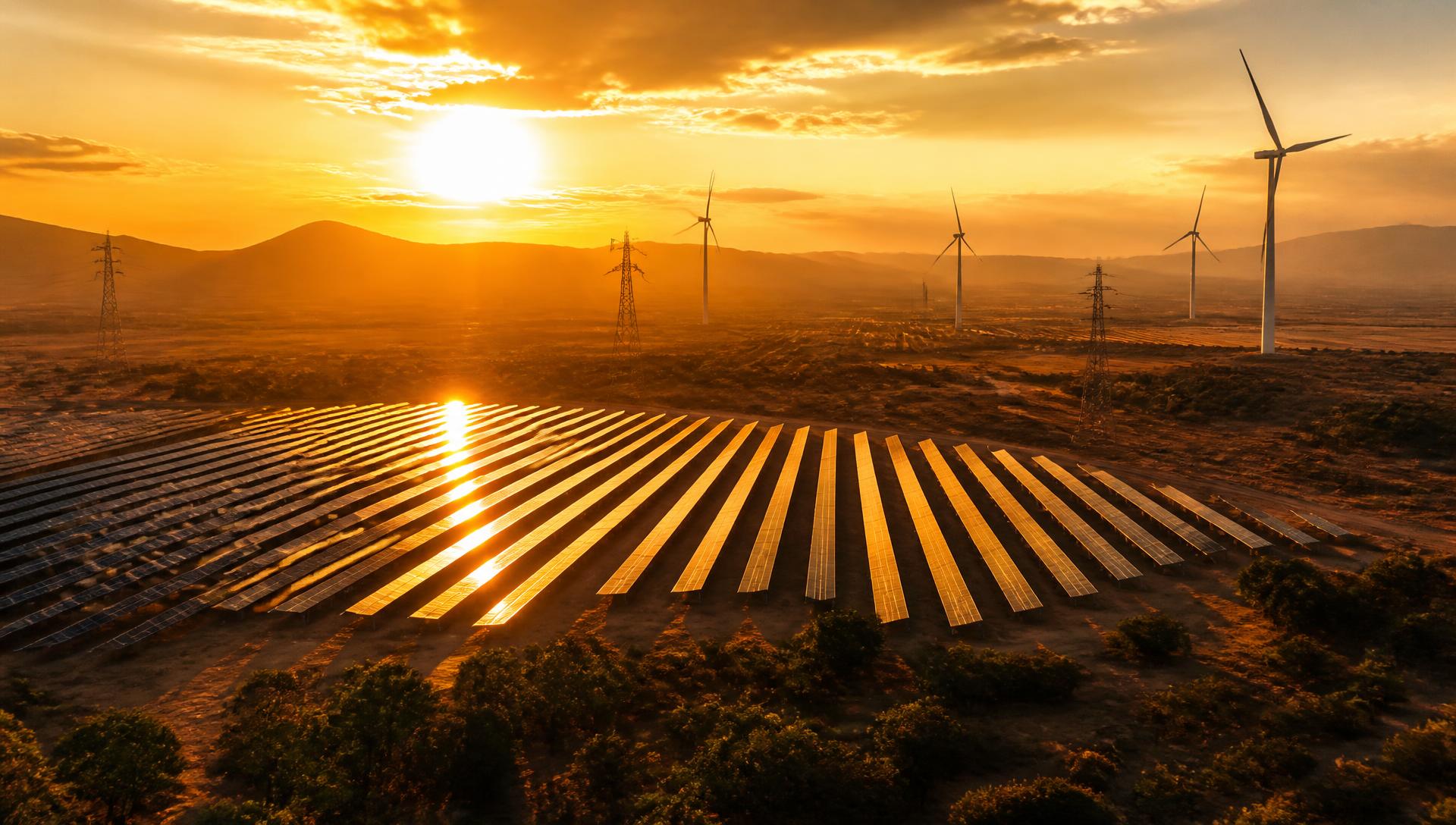 Aerial view of an African utility-scale solar and wind energy site at golden hour